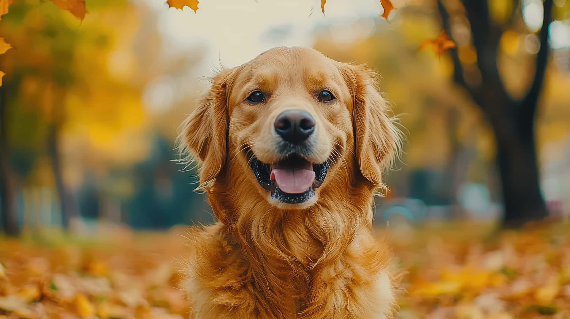 Happy Golden Retriever in Autumn Park 壁紙 — 一隻金毛尋回犬帶著喜悅的表情坐在黃色樹冠下的落葉秋田中。