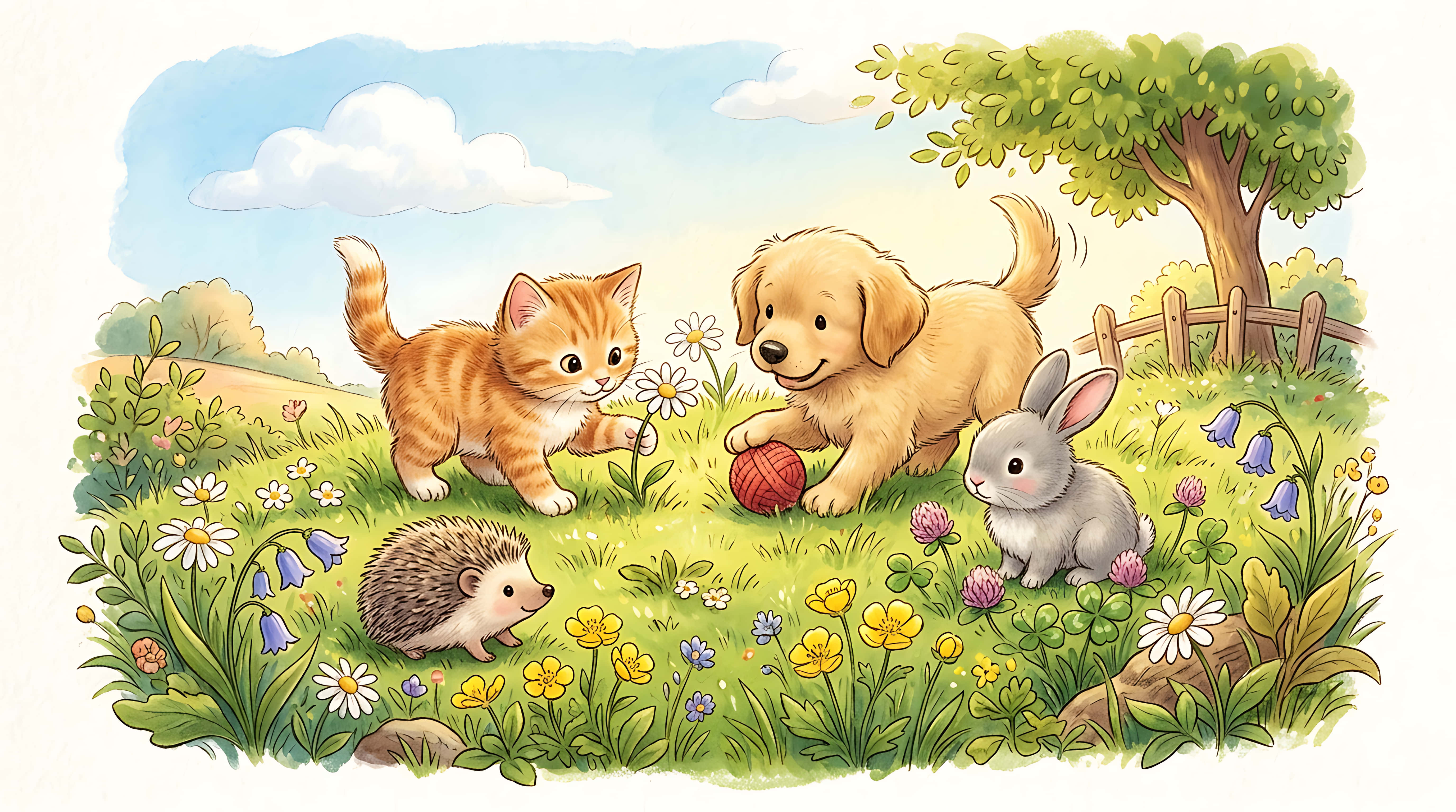 小貓 桌布 壁紙 — 一隻金毛尋回犬幼犬、一隻薑黃色小貓、一隻灰色兔子和一隻刺蝟在陽光明媚、開滿野花的草地上玩耍，天空蔚藍，白雲朵朵。
