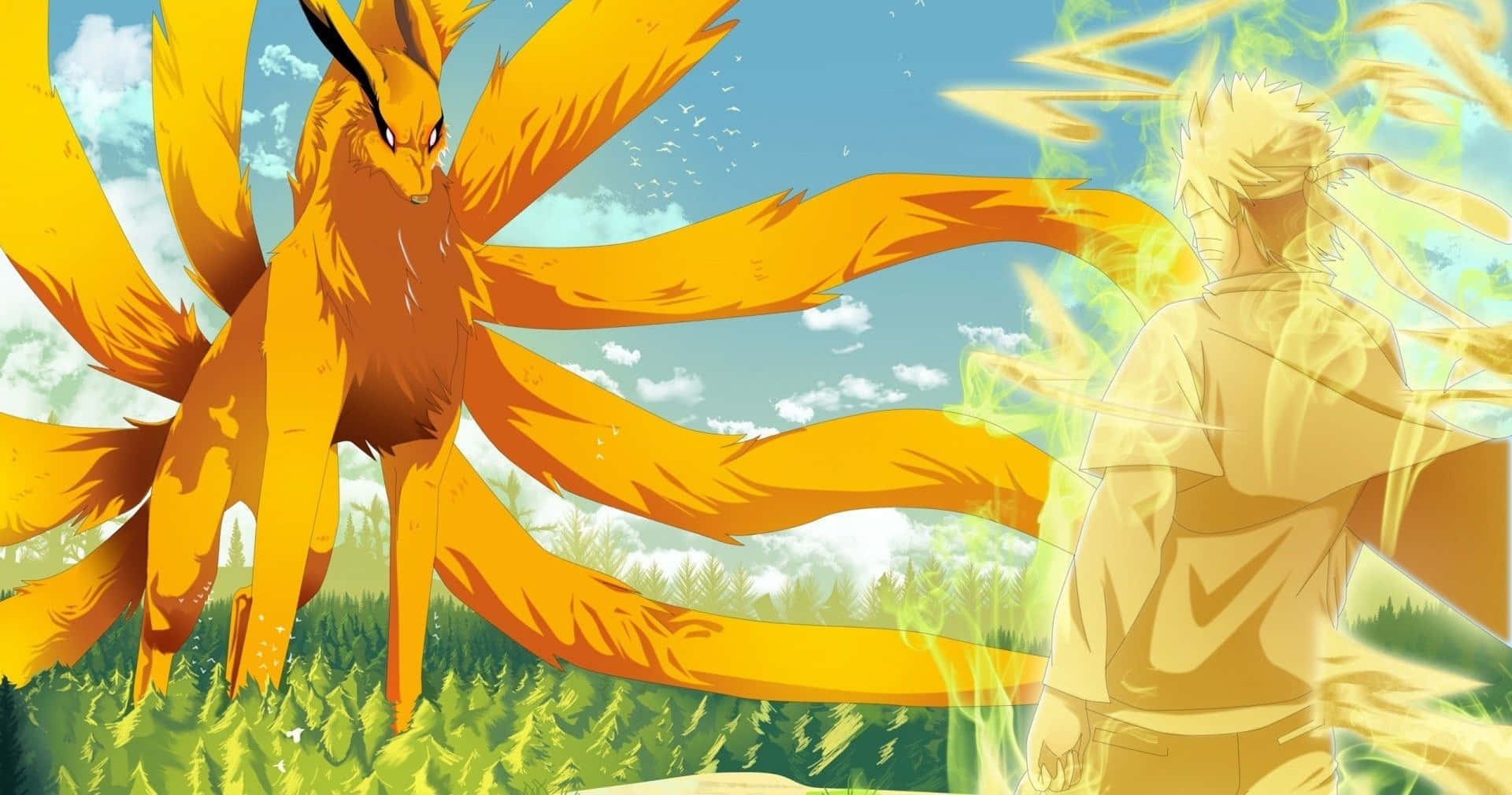 Cute Kurama 桌布 壁紙 — 一隻金色九尾狐站在一位金髮忍者旁邊，身處青翠田野，頭頂明亮藍天。