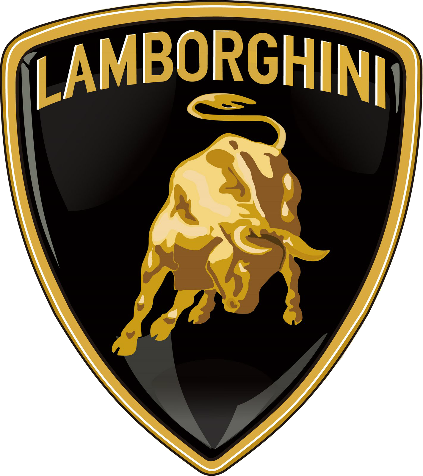 Logo Design 桌布 壁紙 — 一隻金色公牛在黑色盾牌內衝鋒，盾牌上以粗體金色字母寫著藍寶堅尼（Lamborghini）名稱。
