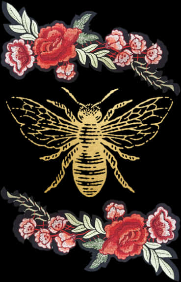 Tattoo For Picsart 桌布 壁紙 — 一隻金色刺繡蜜蜂位於對稱的紅色花環之間，背景為黑色。
