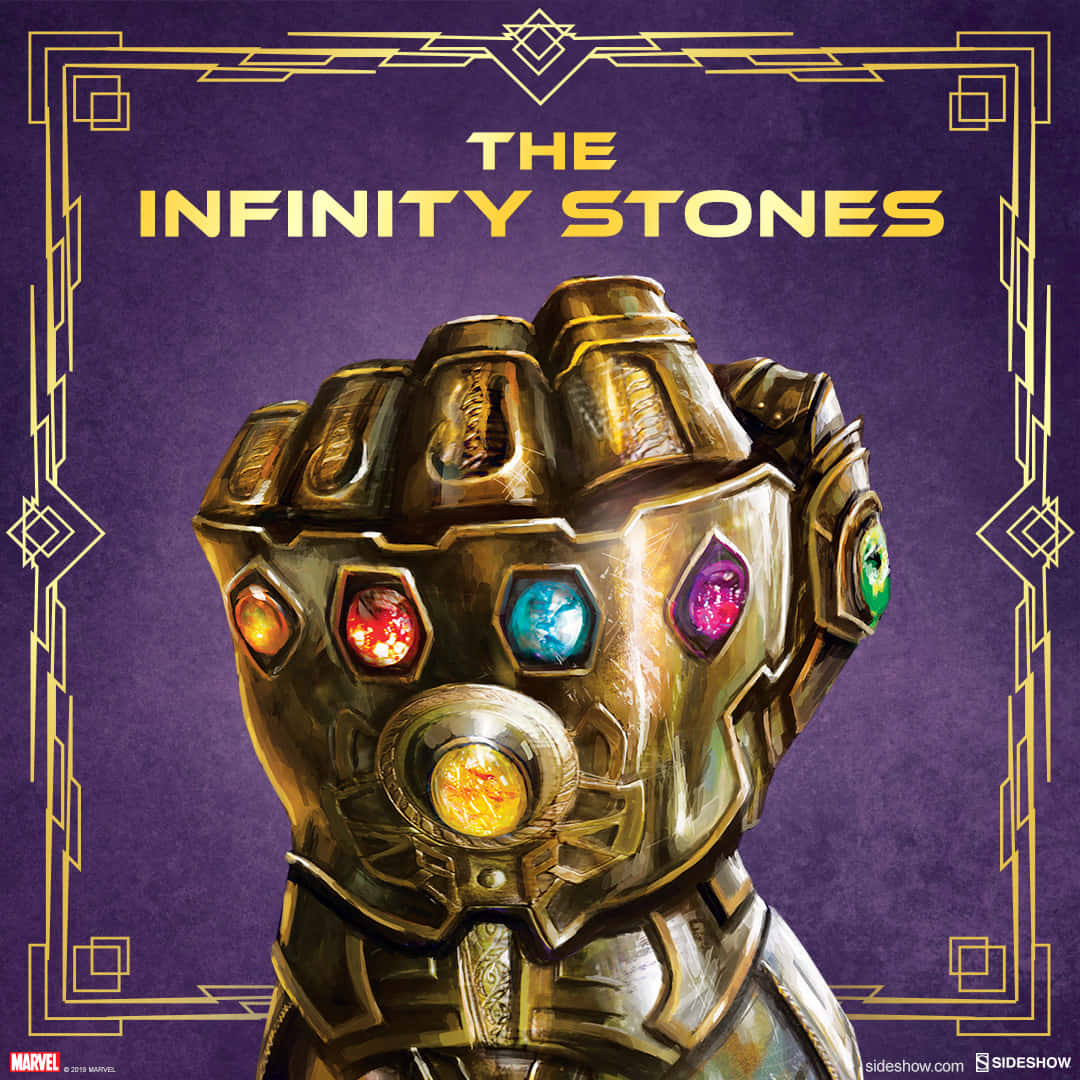 Space Stone 桌布 壁紙 — 一隻金色手套，鑲嵌六顆發光的無限寶石，置於紫色背景上，並以金色裝飾藝術風格框住。