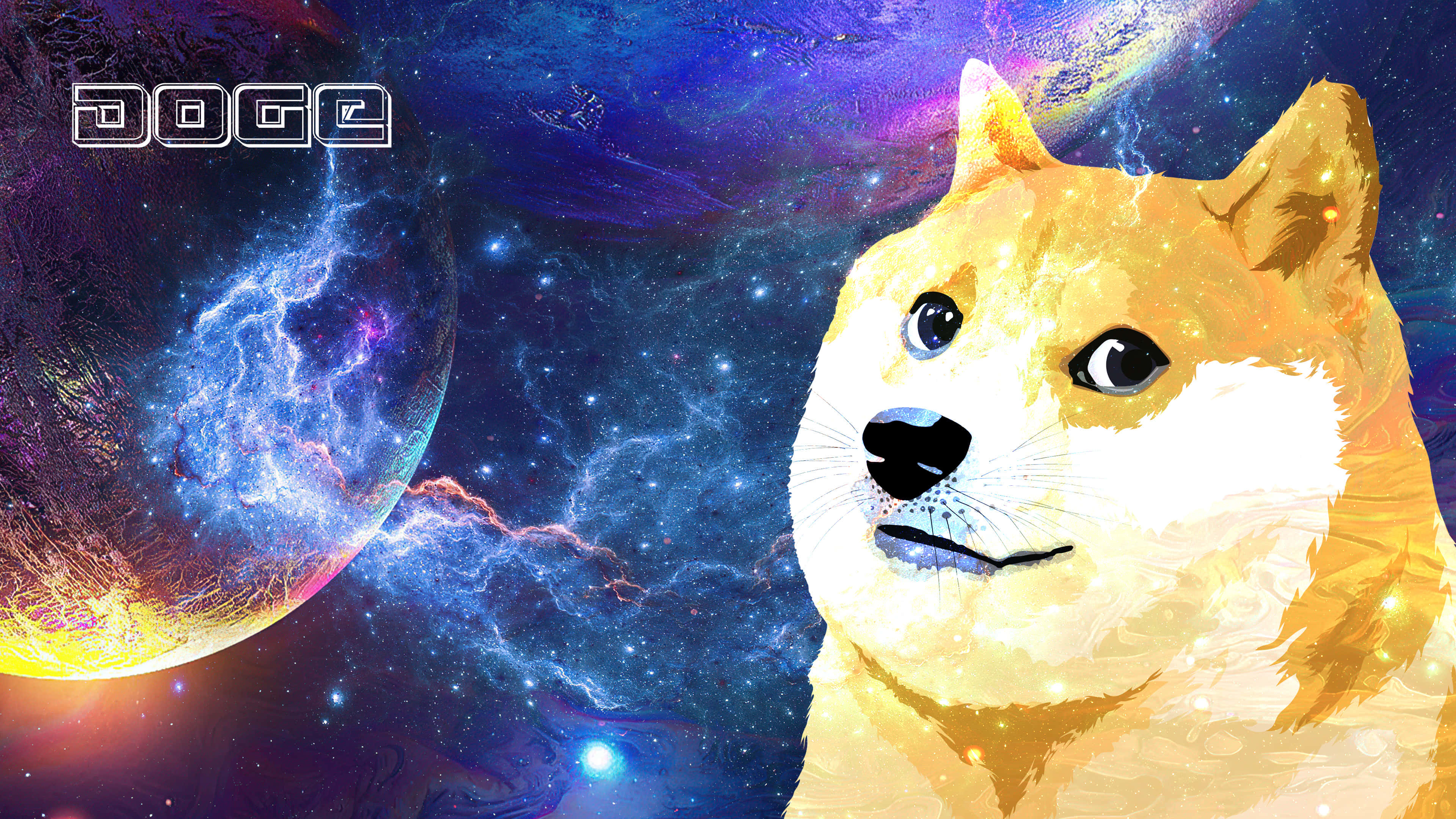 銀河 桌布 壁紙 — 一隻金色柴犬帶著自鳴得意的表情漂浮在充滿星星和發光氣體雲的充滿活力的宇宙星雲中。