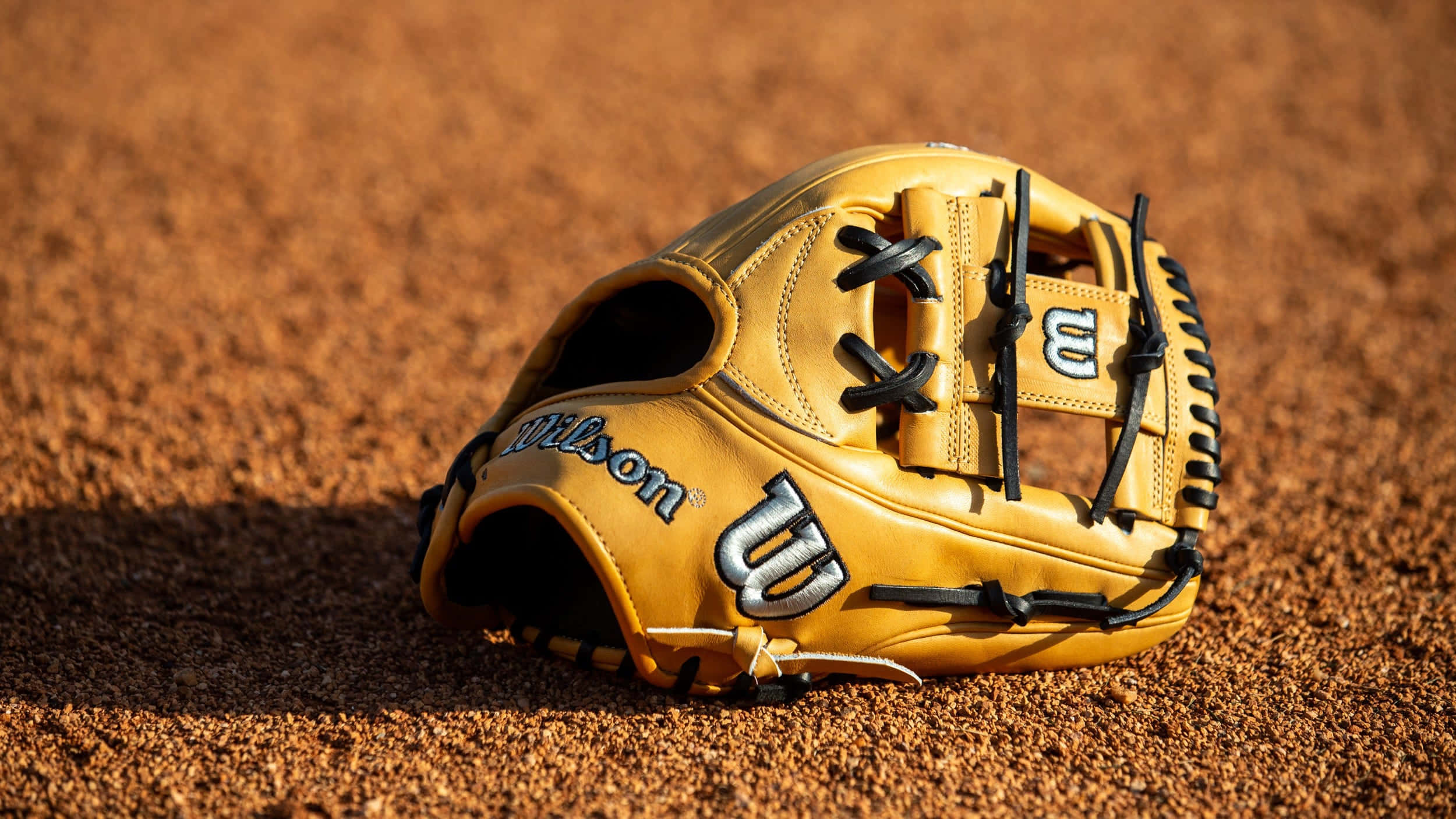 Baseball Gloves 桌布 壁紙 — 一隻金色棒球手套在明亮日光下，擱在陽光照射的棕色泥土場地上。