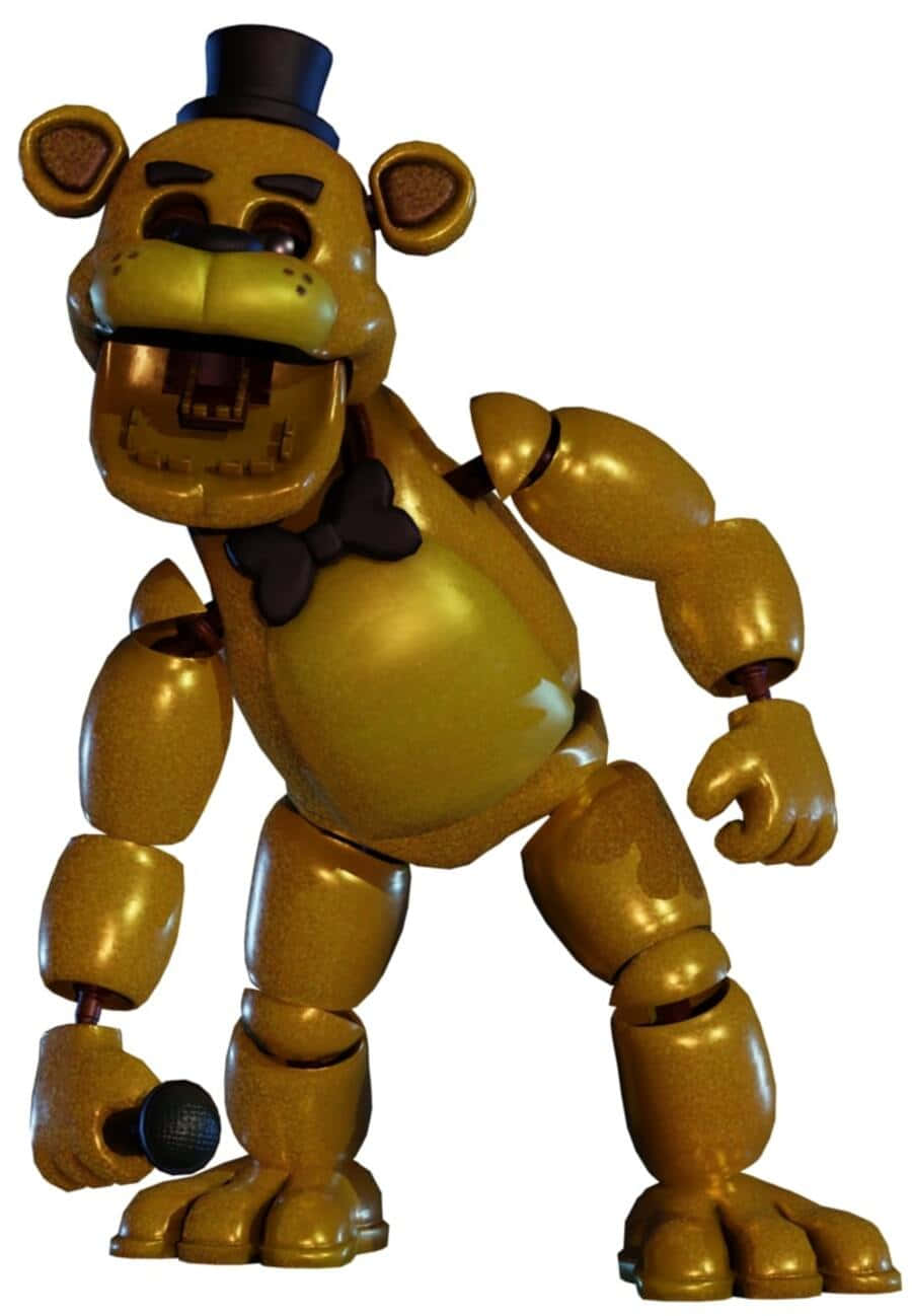 Golden Freddy 桌布 壁紙 — 一隻金色機械熊戴著高帽和領結，在白色背景上露出猙獰的笑容。