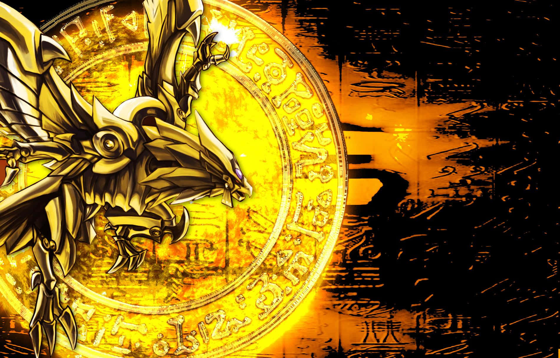 The Winged Dragon Of Ra 桌布 壁紙 — 一隻金色機械龍，眼睛發光，棲息在一個華麗的圓形工藝品上，背景是帶有紋理的橙色和黑色。