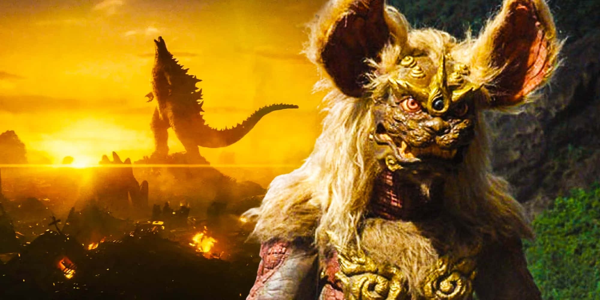 Godzilla Vs King Caesar 桌布 壁紙 — 一隻金色毛髮、大耳朵的怪物站在前景，哥吉拉在廢墟城市上空火紅的夕陽映襯下以剪影咆哮。
