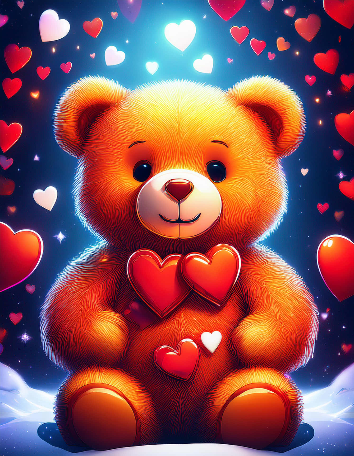 Winter Tale with Lovely Bear and Hearts 壁紙 — 一隻金色泰迪熊坐在滿天星斗的夜空，周圍環繞著發光的紅色和白色愛心。