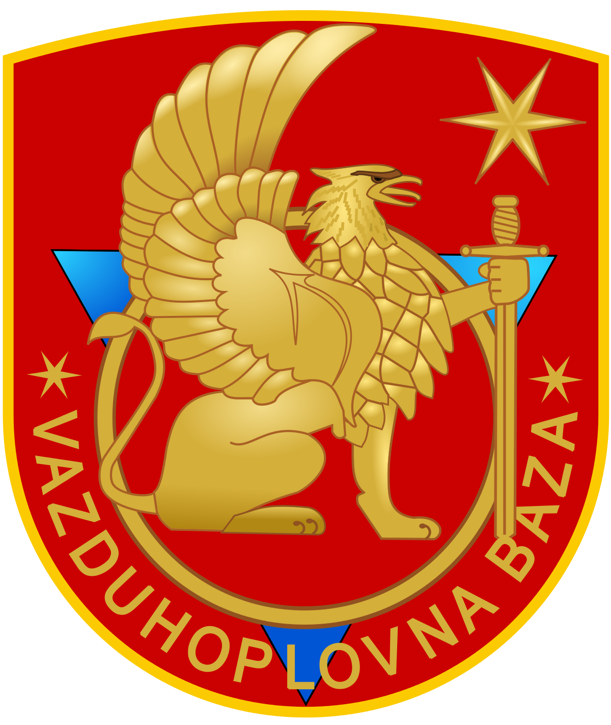 軍事動圖 桌布 壁紙 — 一隻金色獅鷲手持劍，站在一個帶有藍色三角形和星星的紅色盾牌上，周圍環繞著文字「VAZDUHOPLOVNA BAZA」。