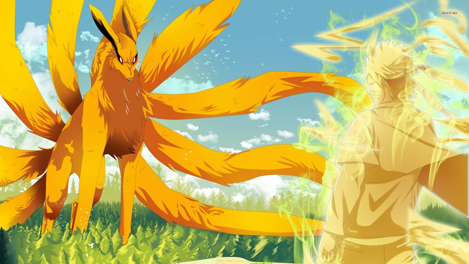 Kurama 桌布 壁紙 — 一隻金色的九尾狐站在一個發光的金髮男孩旁邊，身處陽光照耀的森林空地。