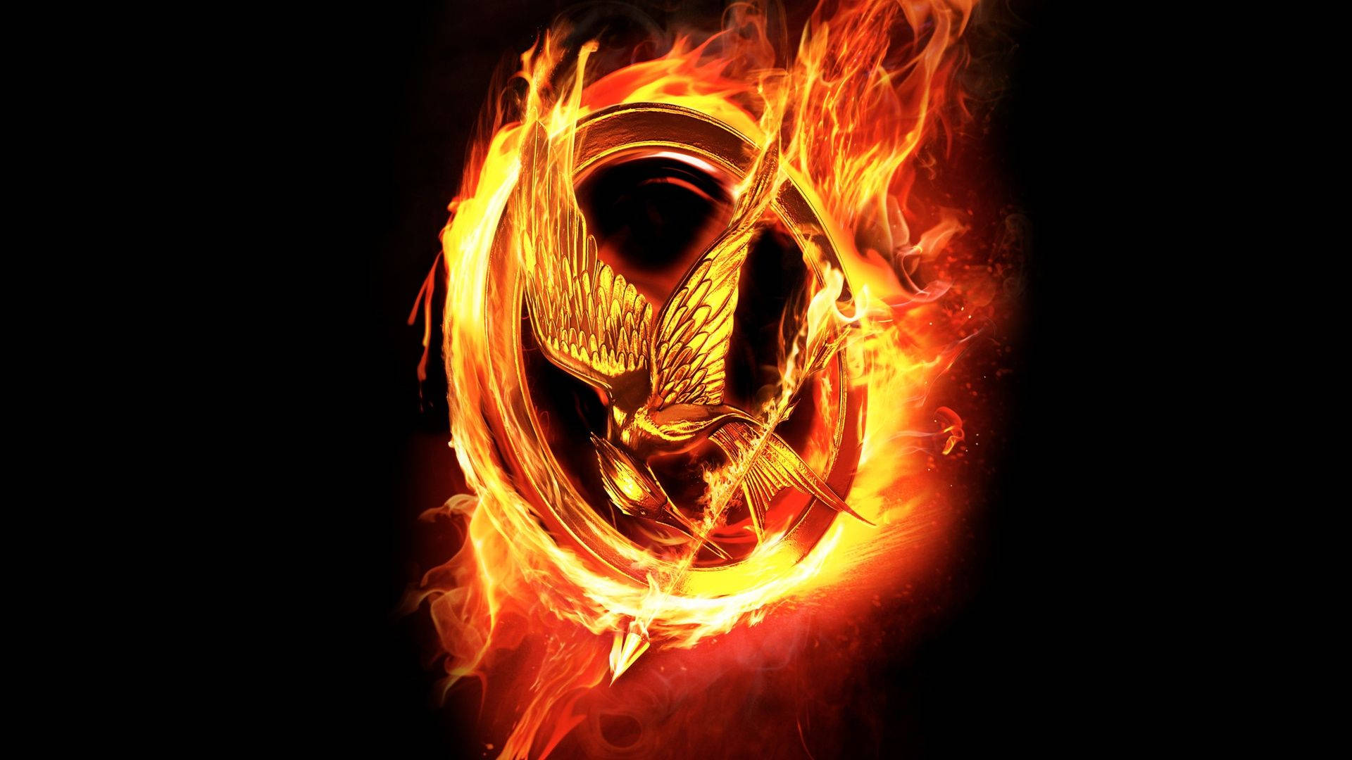 Free Fire Logo 桌布 壁紙 — 一隻金色的模仿鳥從黑色背景的圓形框架內咆哮的火焰中出現。