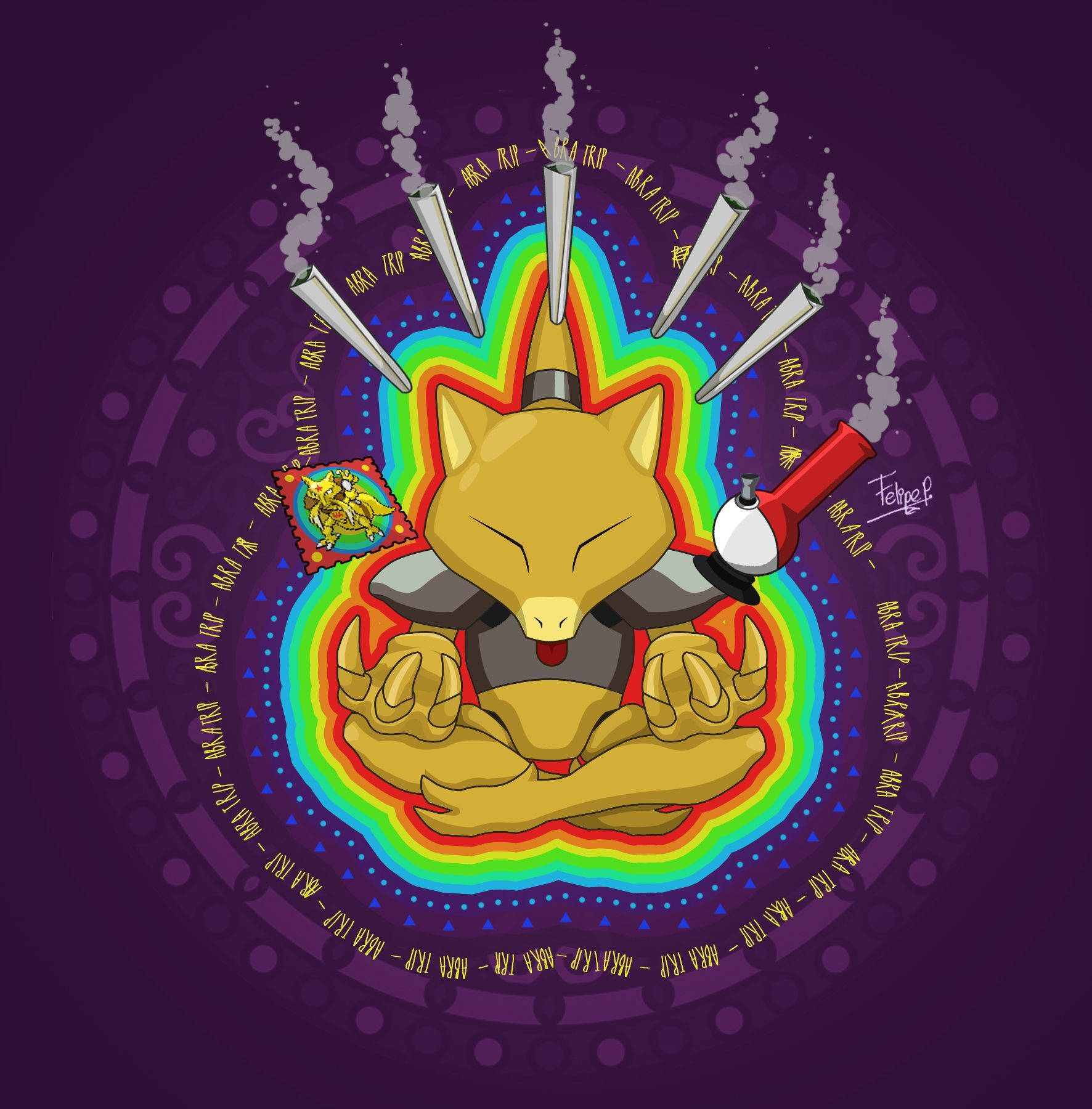 Blunt 桌布 壁紙 — 一隻金色的狐狸狀生物在紫色背景上，被冒煙的煙斗和神秘符號包圍，在彩虹光環中盤腿冥想。