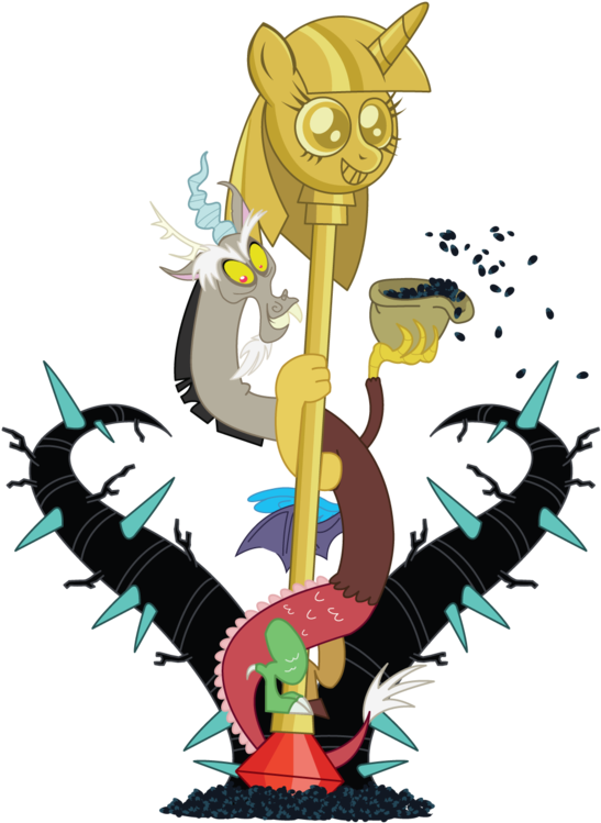Discord 桌布 壁紙 — 一隻金色的獨角獸，有角和大眼睛，拿著一根杖，而一條龍和其他生物在黑色背景中圍繞著它。