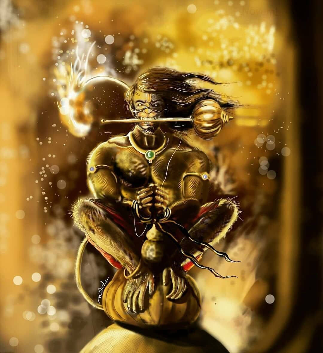 桌布 壁紙 — 一隻金色皮膚的猴神盤腿打坐，同時吹奏神聖法螺，背景是發光的琥珀色。