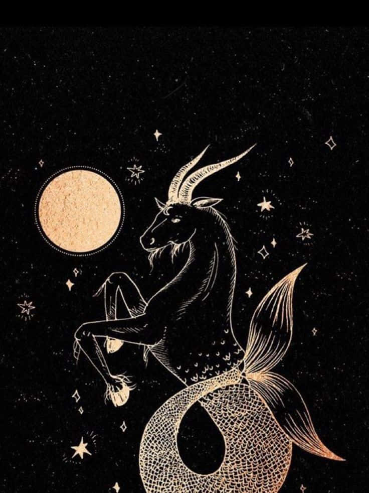 摩羯座 桌布 壁紙 — 一隻金色線條藝術的海山羊，有著魚尾，在滿月下優雅地坐於星空夜空中。