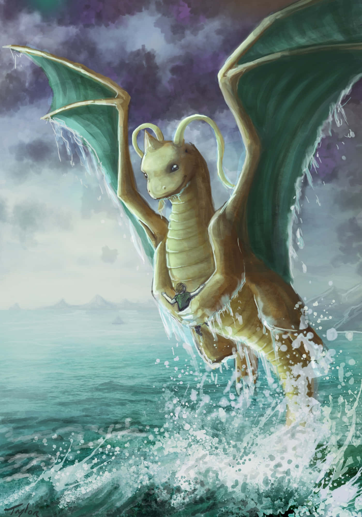 Pokemon Fan Art 桌布 壁紙 — 一隻金色翅膀的巨龍從波濤洶湧的碧綠海水中升起，背景是風暴肆虐的紫色天空。