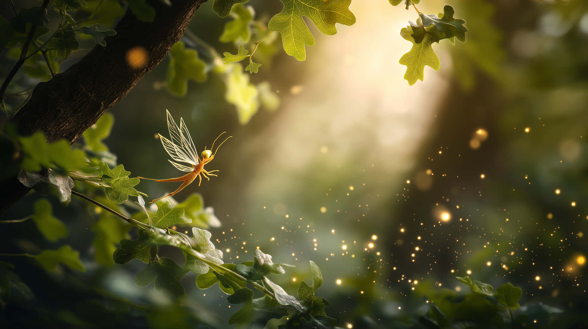 Enchanting Forest Scene with Firefly and Sun-Dappled Leaves 壁紙 — 一隻金色翅膀的精靈棲息在樹葉茂密的樹枝上，陽光穿過森林樹冠，散發出溫暖發光的粒子。