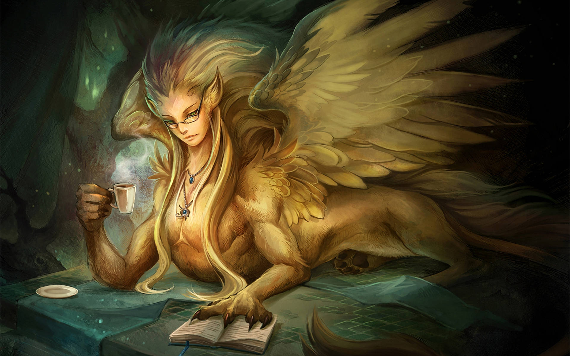 Mythical 桌布 壁紙 — 一隻金色翅膀長髮的獅鷲坐在黑暗洞穴中，手持冒煙的杯子，閱讀一本打開的書。