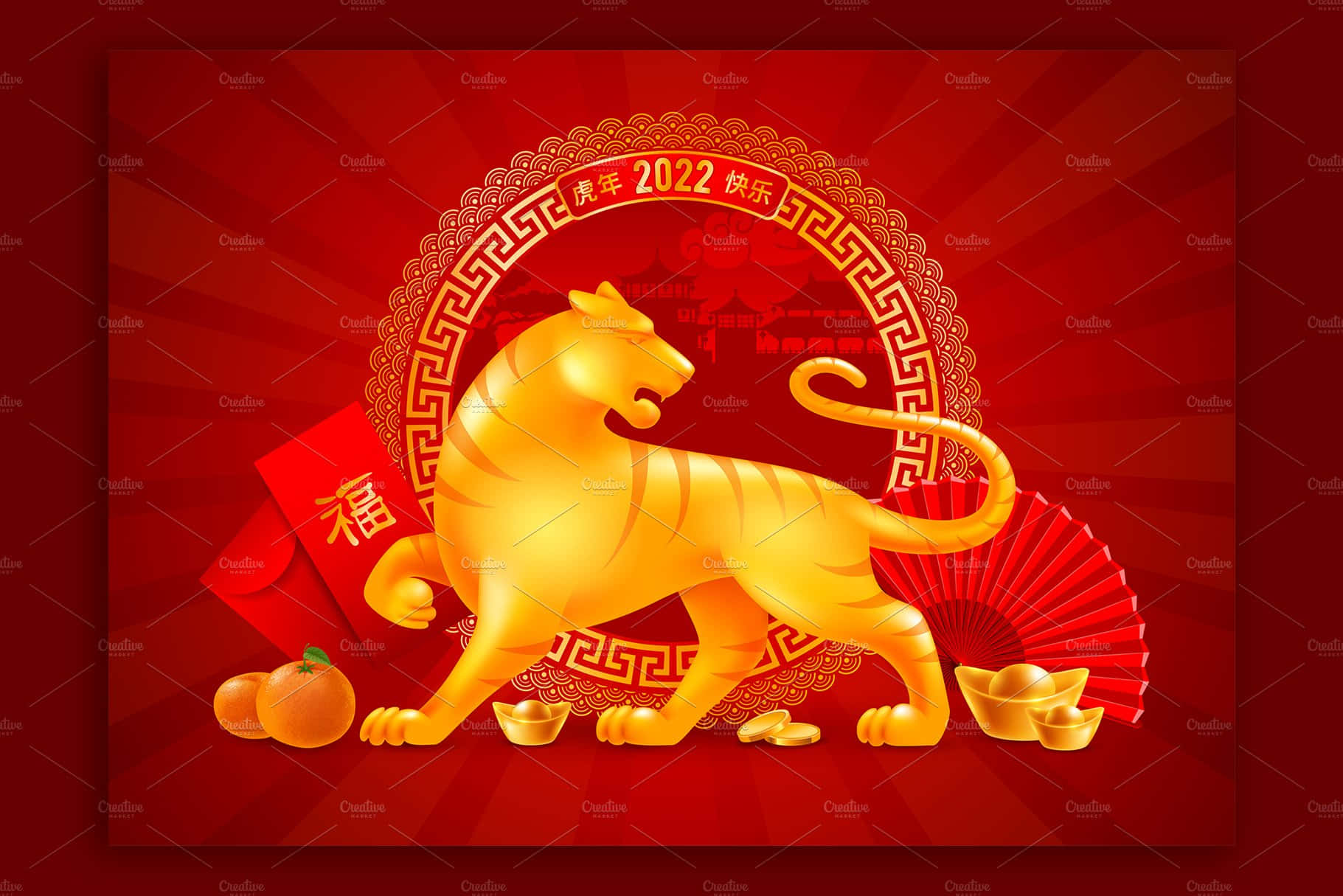 新年 桌布 壁紙 — 一隻金色老虎自豪地站在一個耀眼的紅色背景上，背景點綴著農曆新年符號和節日裝飾。