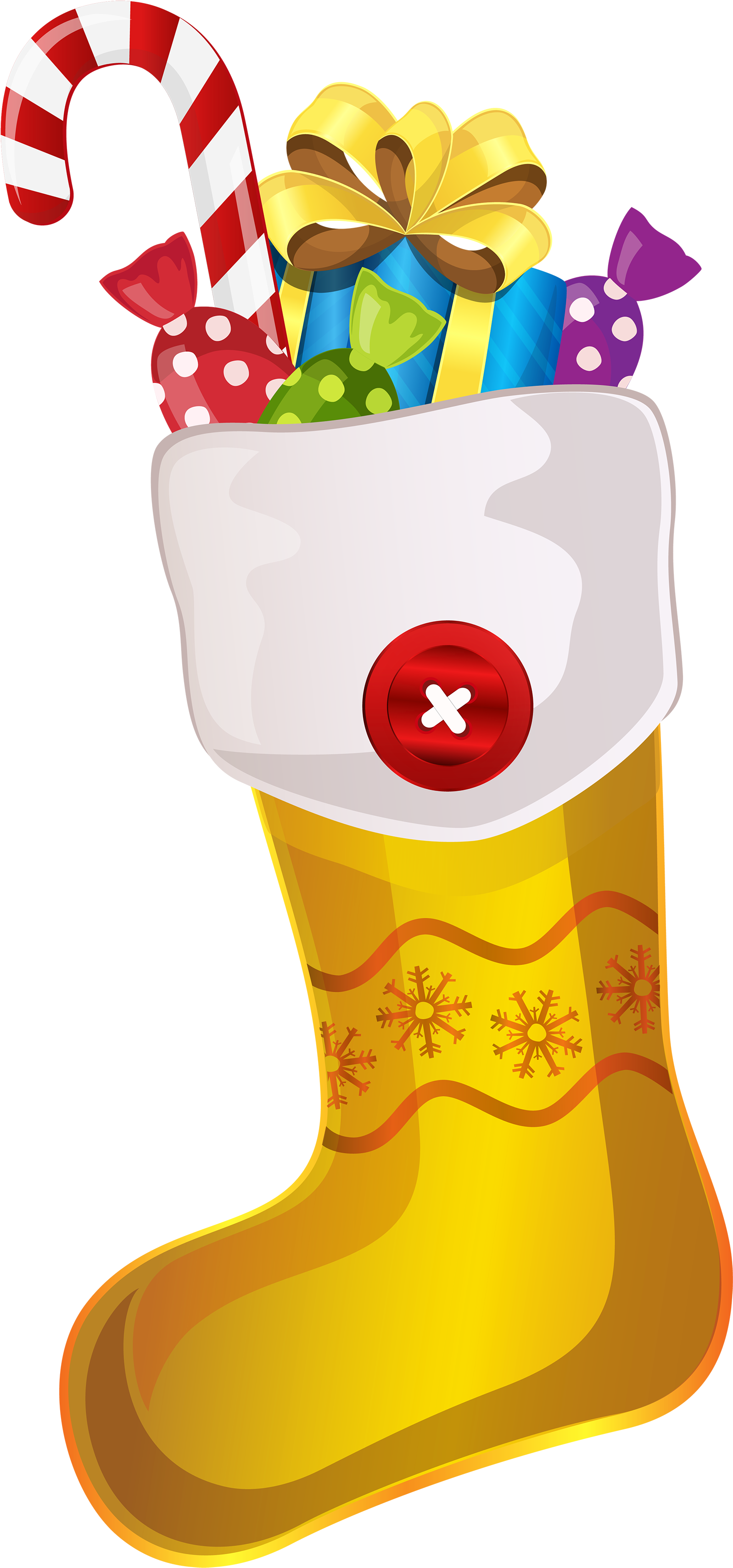 Christmas Clip Art 桌布 壁紙 — 一隻金色聖誕襪，裡面塞滿了拐杖糖、禮物和糖果，背景為黑色。