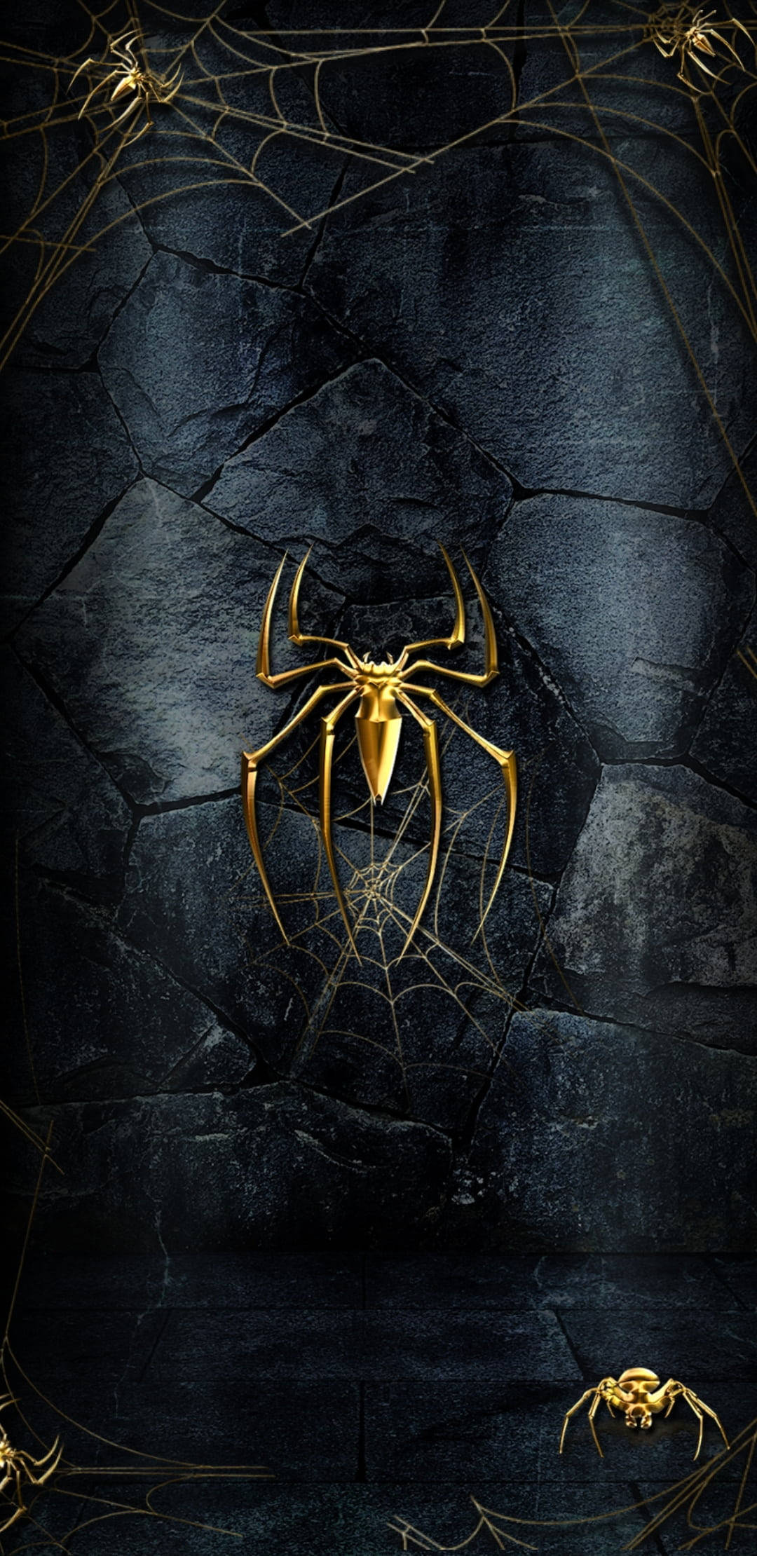 Spider 桌布 壁紙 — 一隻金色蜘蛛懸掛在複雜的蜘蛛網上，背景是裂開的深色石牆，角落有較小的蜘蛛。