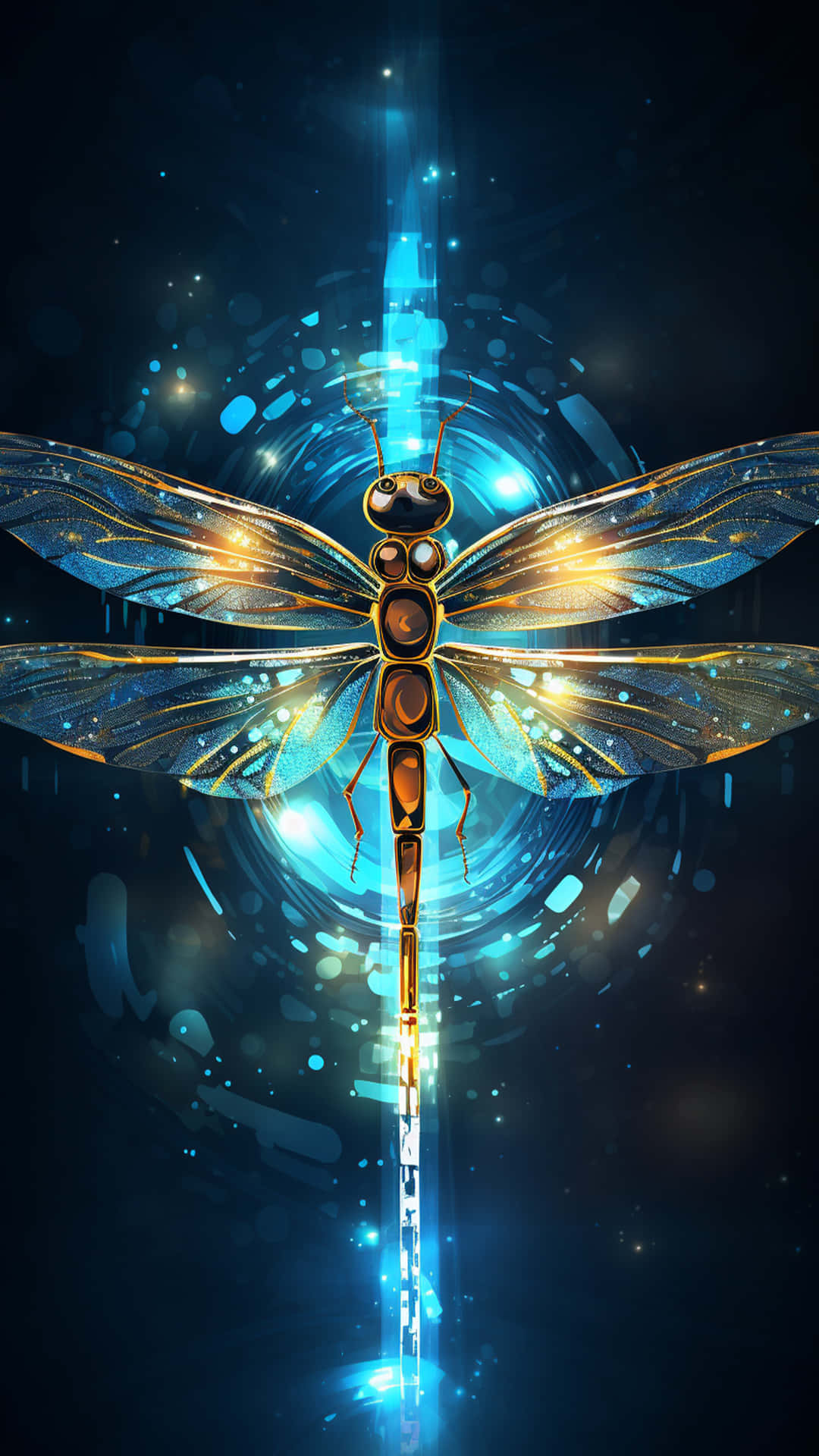 A little butterfly and nice background 壁紙 — 一隻金色蜻蜓帶著發光的藍色翅膀，在黑暗的宇宙環境中懸浮在一個耀眼的藍色能量漩渦前。