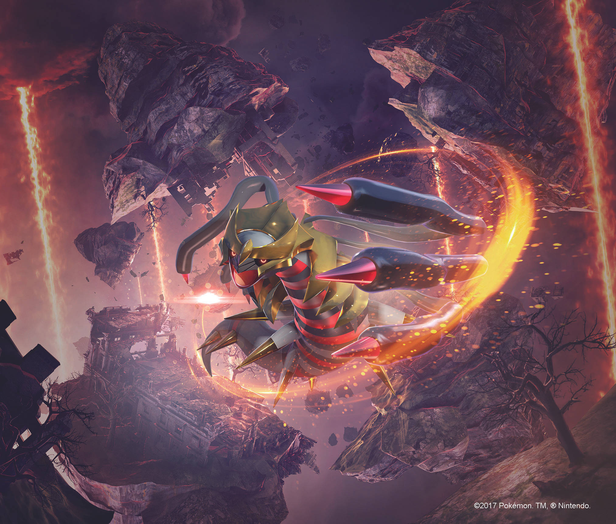 Giratina 桌布 壁紙 — 一隻金色蠍子狀的寶可夢在黑暗天空下的浮動廢墟和熔岩流中釋放出火焰攻擊。