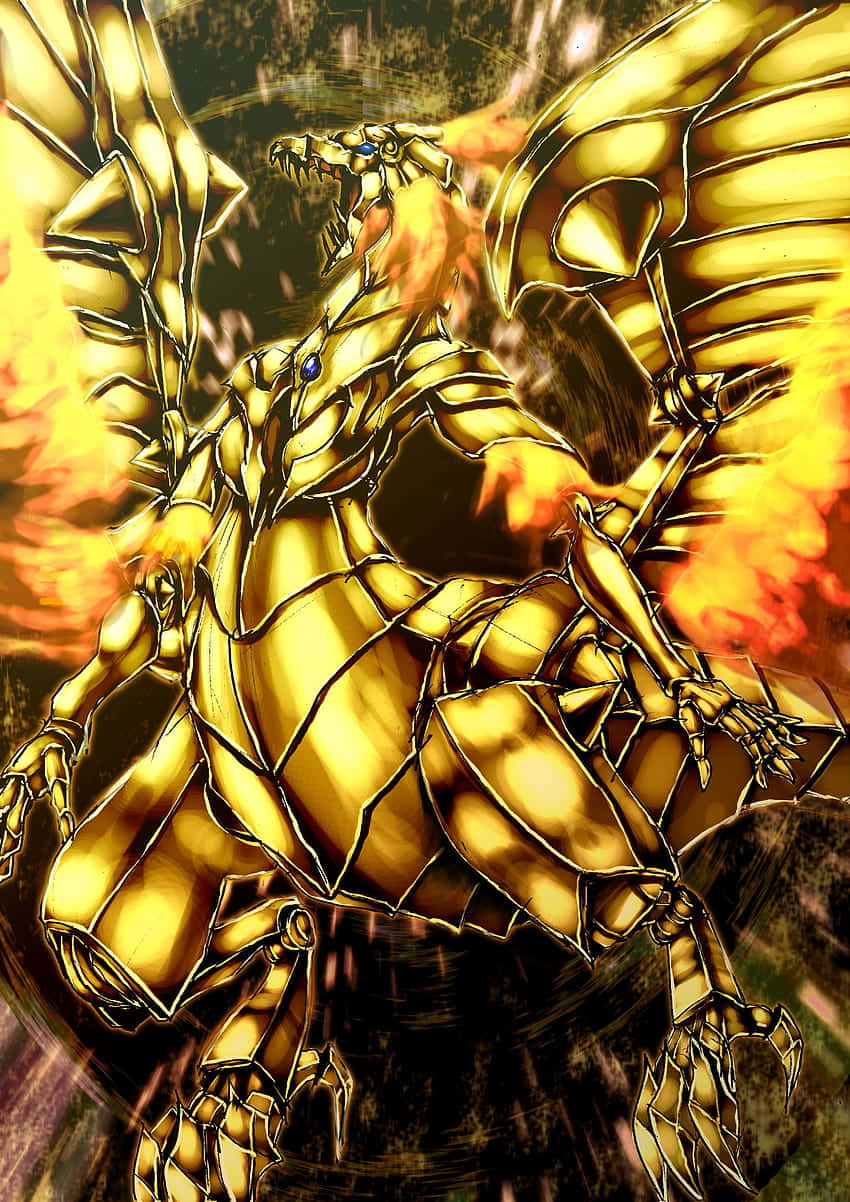 The Winged Dragon Of Ra 桌布 壁紙 — 一隻金色裝甲龍，擁有火焰翅膀，在爆炸性的火焰中咆哮，呈現出動態的動漫插畫。