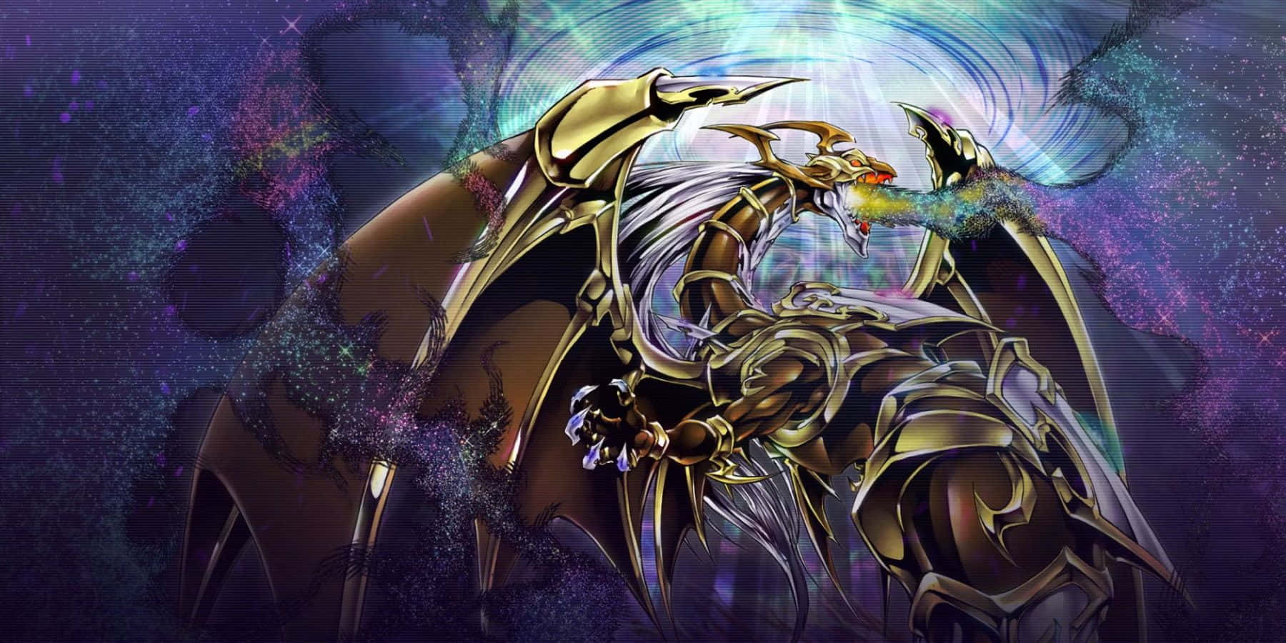 The Winged Dragon Of Ra 桌布 壁紙 — 一隻金色裝甲龍，眼睛發光，對著旋轉的宇宙星雲背景噴射火焰能量。