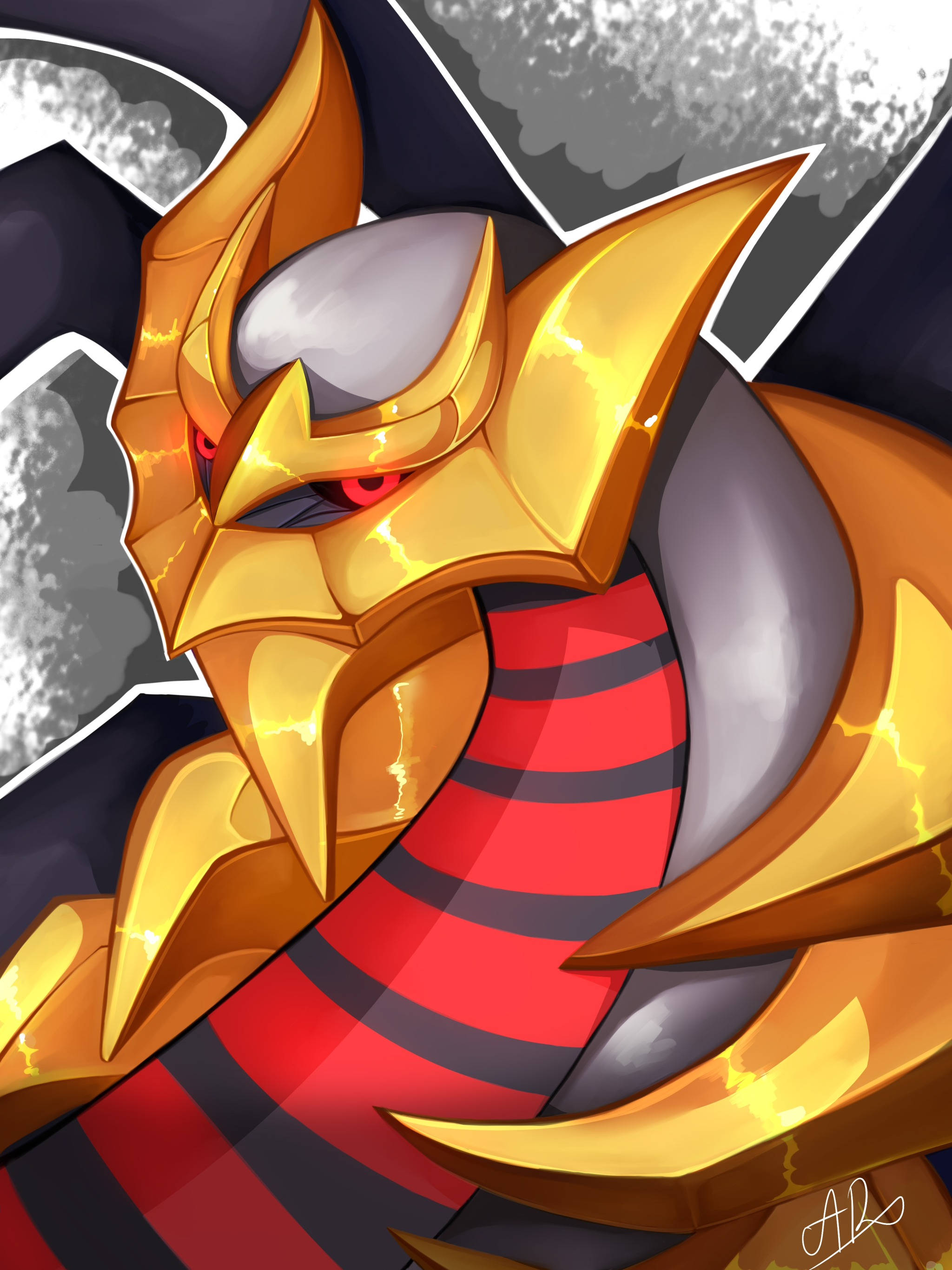 Giratina 桌布 壁紙 — 一隻金色裝甲龍，紅眼睛，紅色條紋頸，在深灰色碎裂背景下強烈凝視。