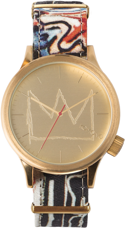 Timepiece 桌布 壁紙 — 一隻金色調腕錶，配以極簡錶盤和抽象圖案織物錶帶，背景為白色。