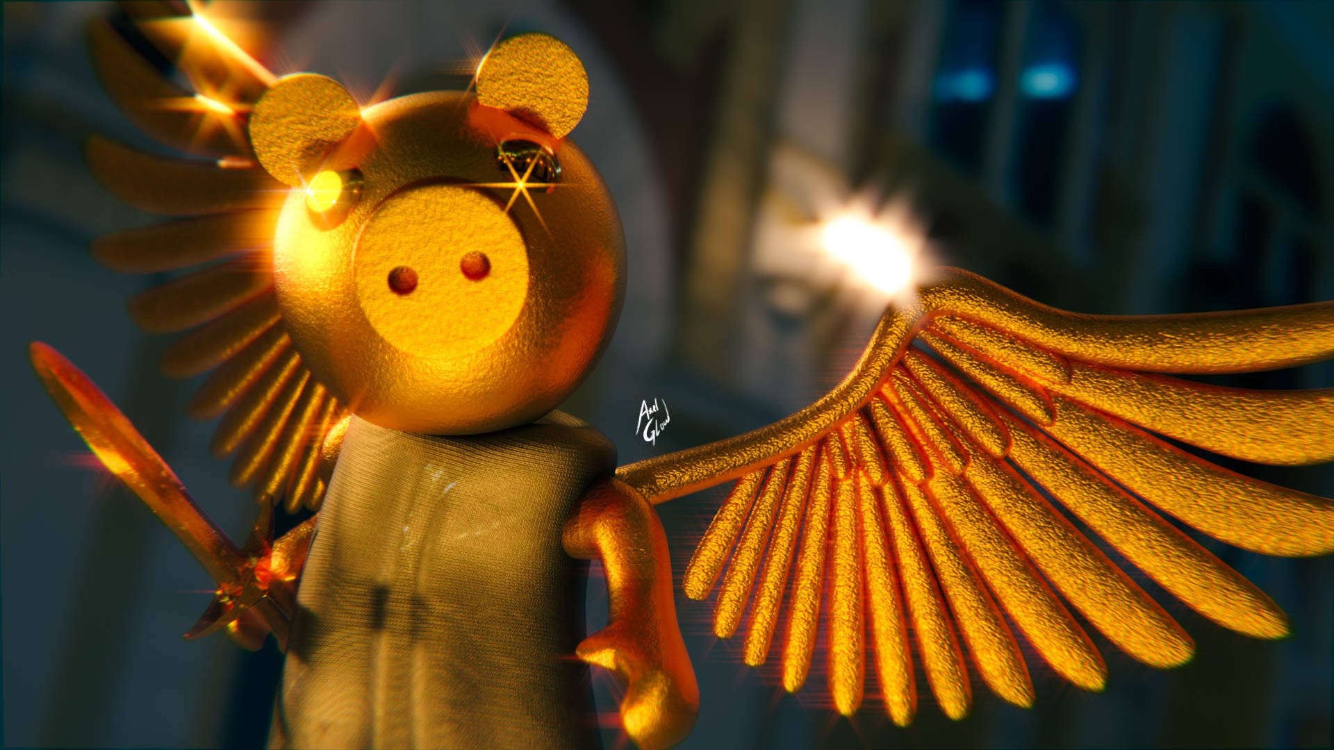 Roblox Piggy 桌布 壁紙 — 一隻金色豬帶有發光翅膀和劍，在黑暗的城市背景下英勇站立。