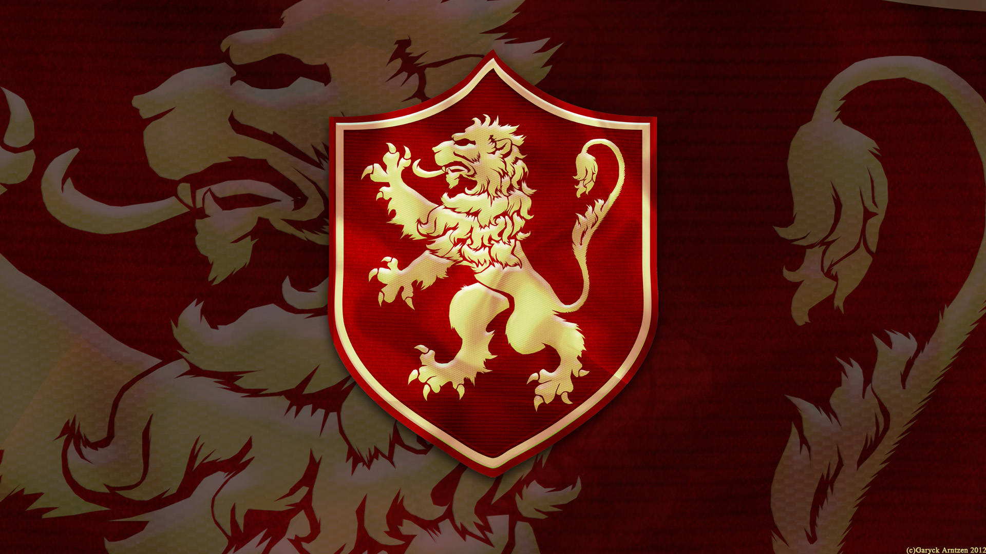 House Lannister 桌布 壁紙 — 一隻金色躍立獅子在紅色盾牌上，背景是深紅色，有模糊獅子剪影。