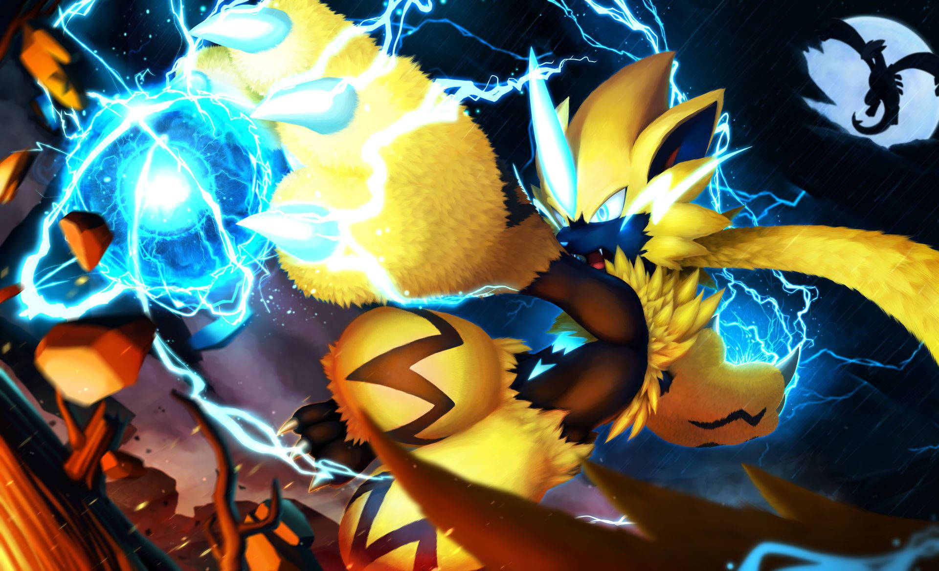 Zeraora 桌布 壁紙 — 一隻金色電系寶可夢在黑暗暴風雨背景下，伴隨著龍形剪影月亮，釋放出噼啪作響的藍色閃電攻擊。