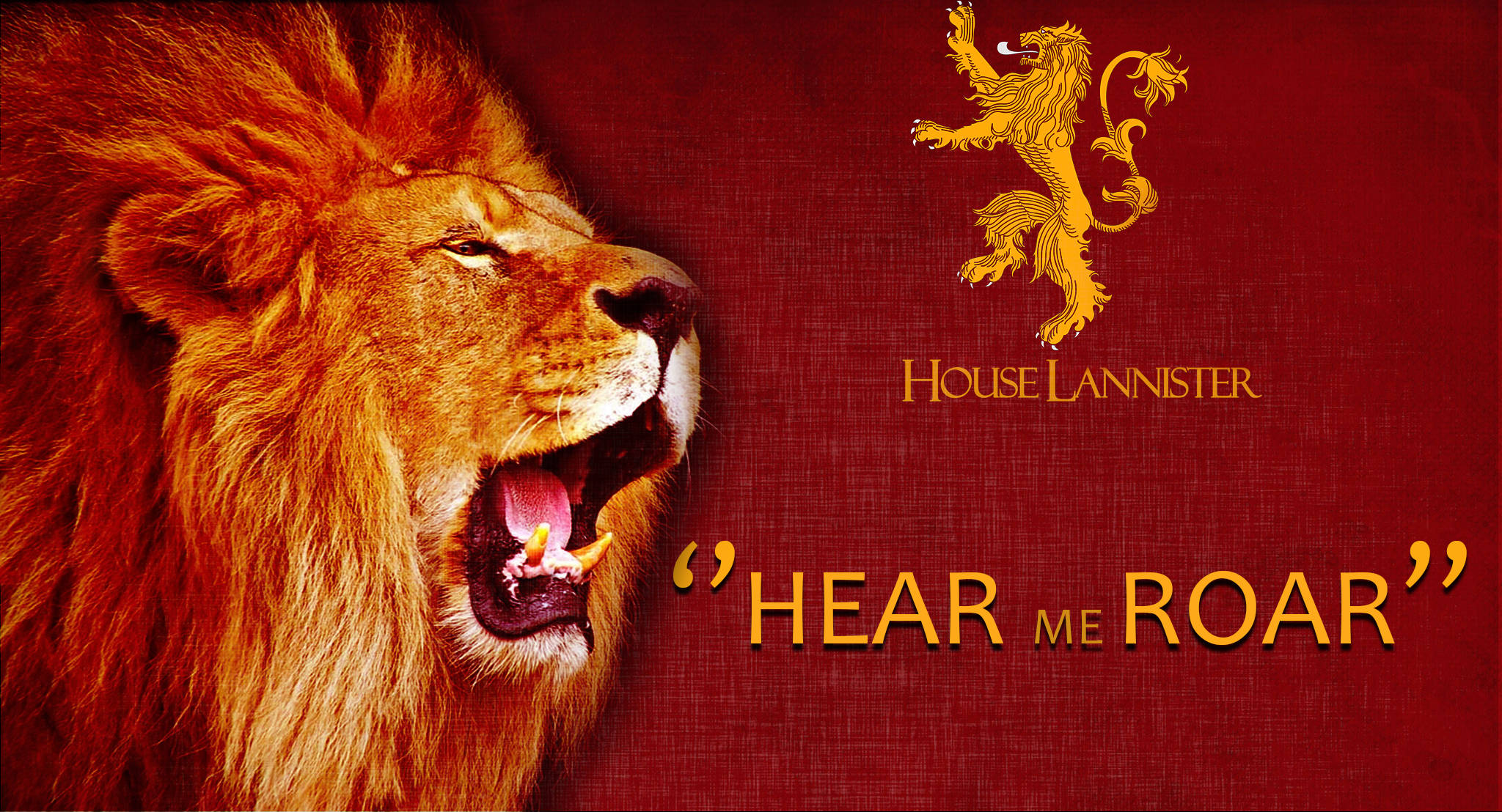 House Lannister 桌布 壁紙 — 一隻金色鬃毛的咆哮獅子，背景是深紅色紋理，帶有蘭尼斯特家族徽章和格言。
