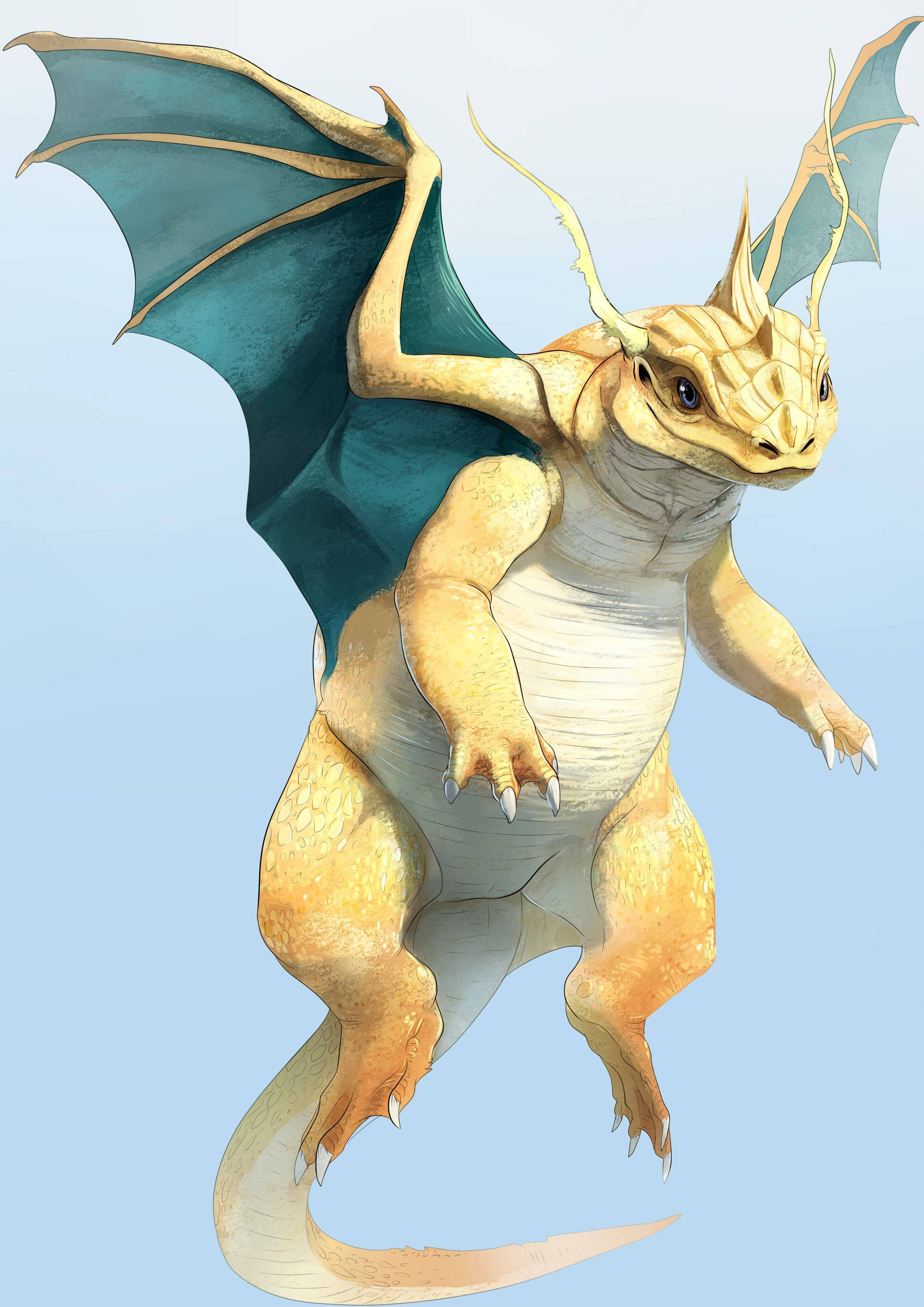 Dragonite 桌布 壁紙 — 一隻金色龍，擁有藍綠色翅膀和鋒利爪子，在柔和的藍色漸變背景上蓄勢待發。