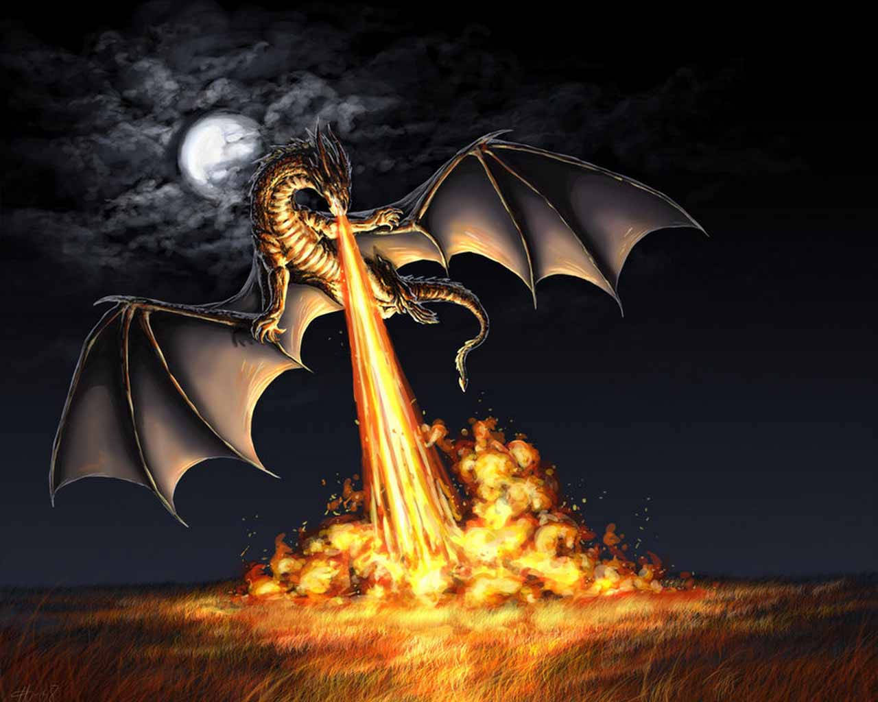 Earth Dragon 桌布 壁紙 — 一隻金色龍展開翅膀，在滿月下向草地噴射火焰。