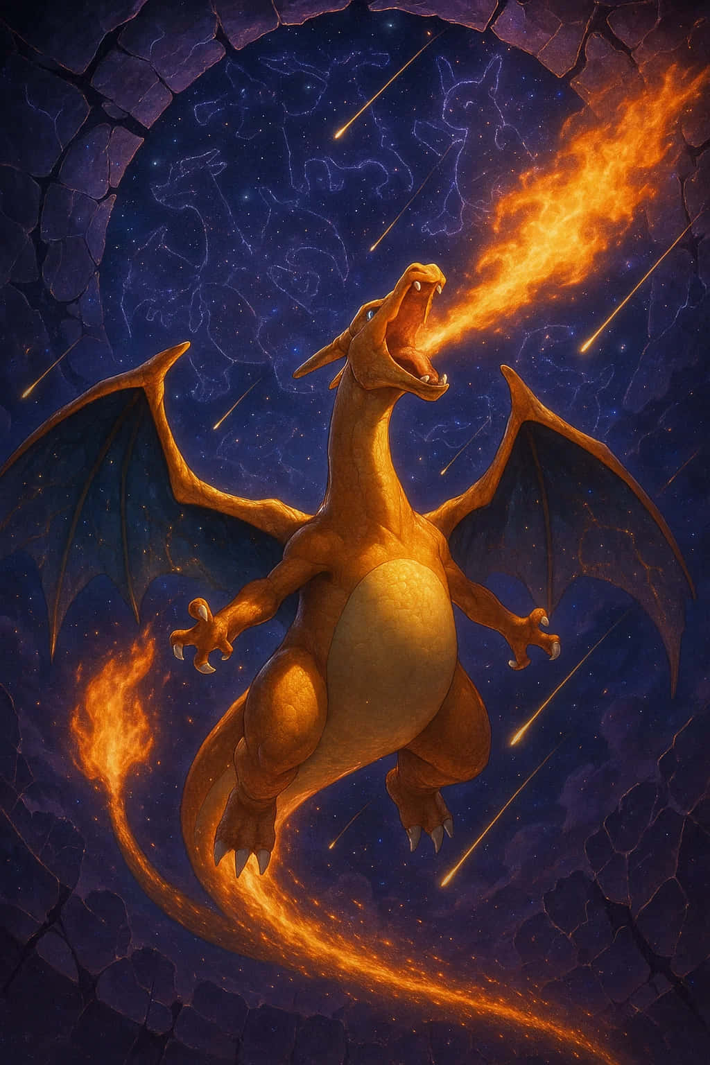 Charizard Pokemon HD Wallpaper WEBP 4K Background Download 壁紙 — 一隻金色龍展開翅膀，穿過裂開的石拱門噴火，背景是滿天星斗的夜空，有流星劃過。