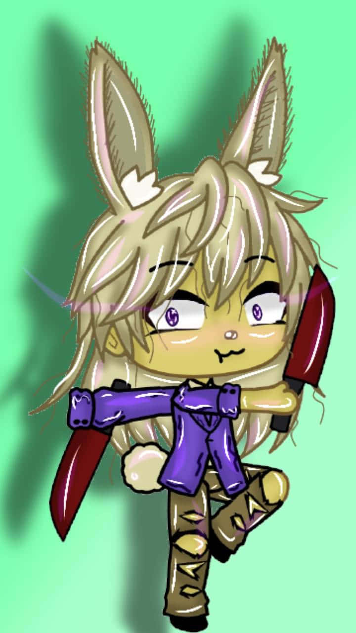 Glitchtrap 桌布 壁紙 — 一隻金髮紫眼的Q版擬人兔，在純青色背景前揮舞兩把紅色刀刃。