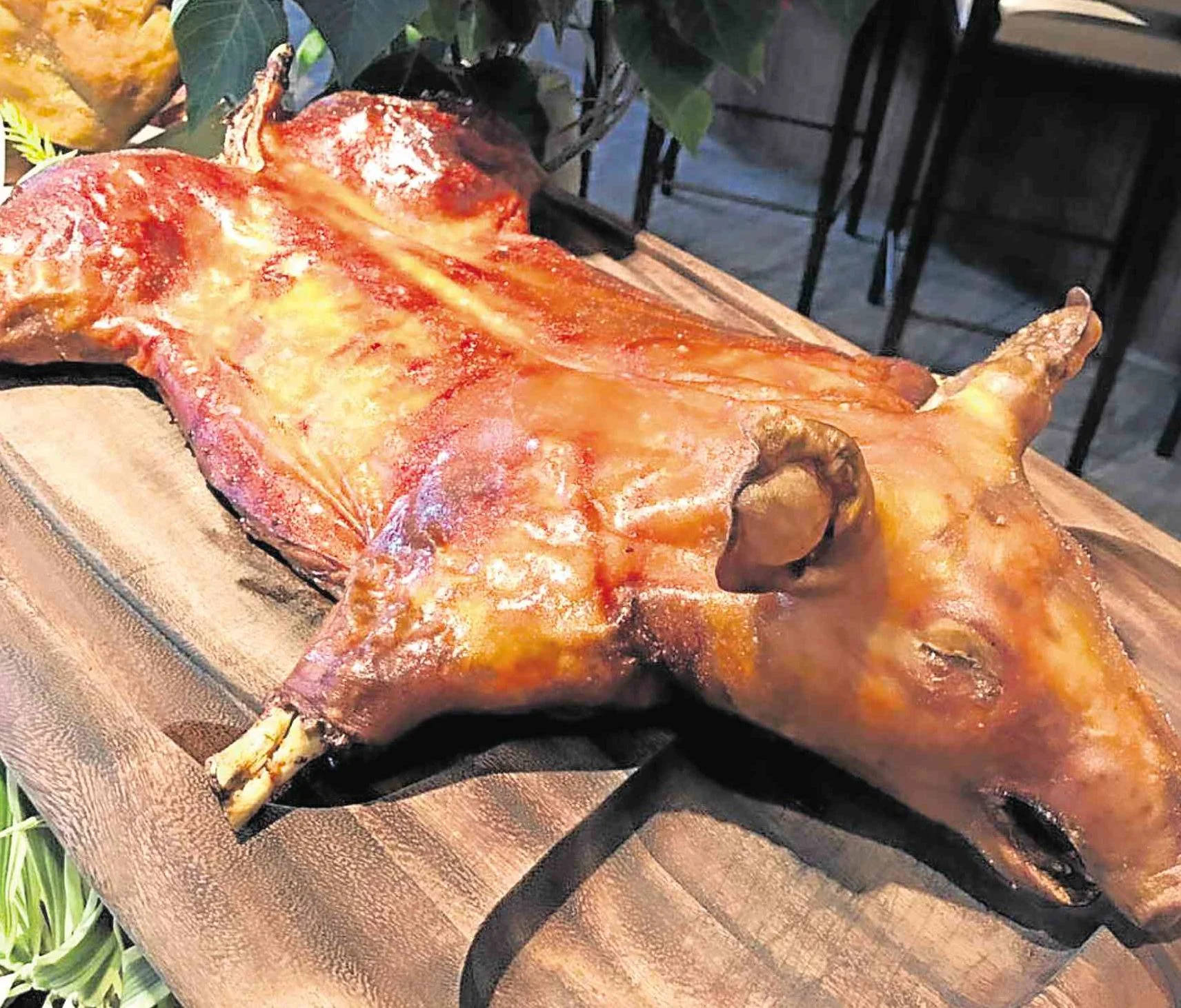 Pig 桌布 壁紙 — 一隻金黃酥脆的烤全豬放在被綠色植物環繞的木砧板上。