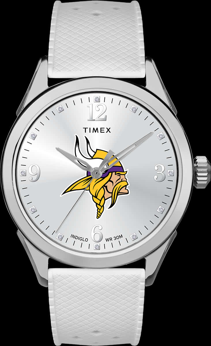 Vikings Logo 桌布 壁紙 — 一隻銀色Timex手錶，配有白色紋理錶帶和Viking標誌錶面，背景為黑色。