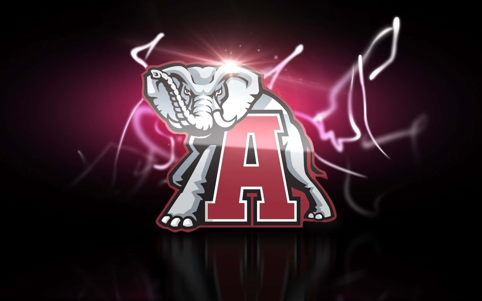 Alabama Football 桌布 壁紙 — 一隻銀色大象吉祥物，帶有醒目的紅色 'A'，站在深色背景前，背景有電光粉紅和白色能量條紋。