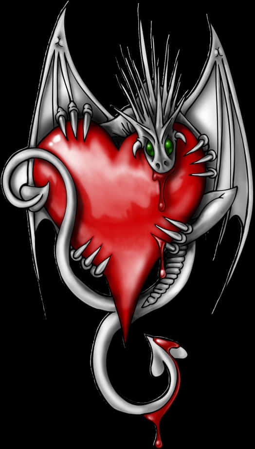 Heart Tattoo 桌布 壁紙 — 一隻銀色綠眼龍抓著一個滴血的紅色心臟，背景為黑色。