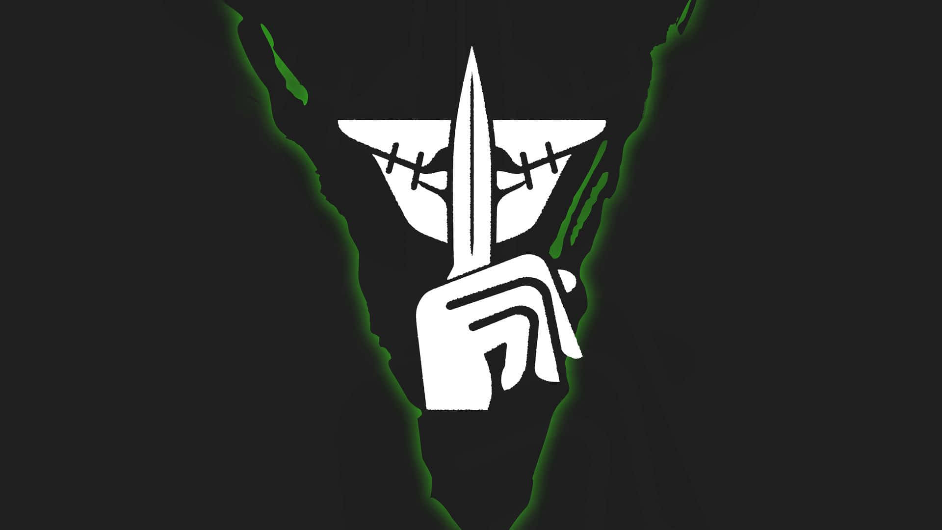 Rainbow Six Siege Caveira 桌布 壁紙 — 一隻鋒利的白色風格化手掌握著匕首，從帶有發光綠色邊緣的撕裂黑色布料中出現。