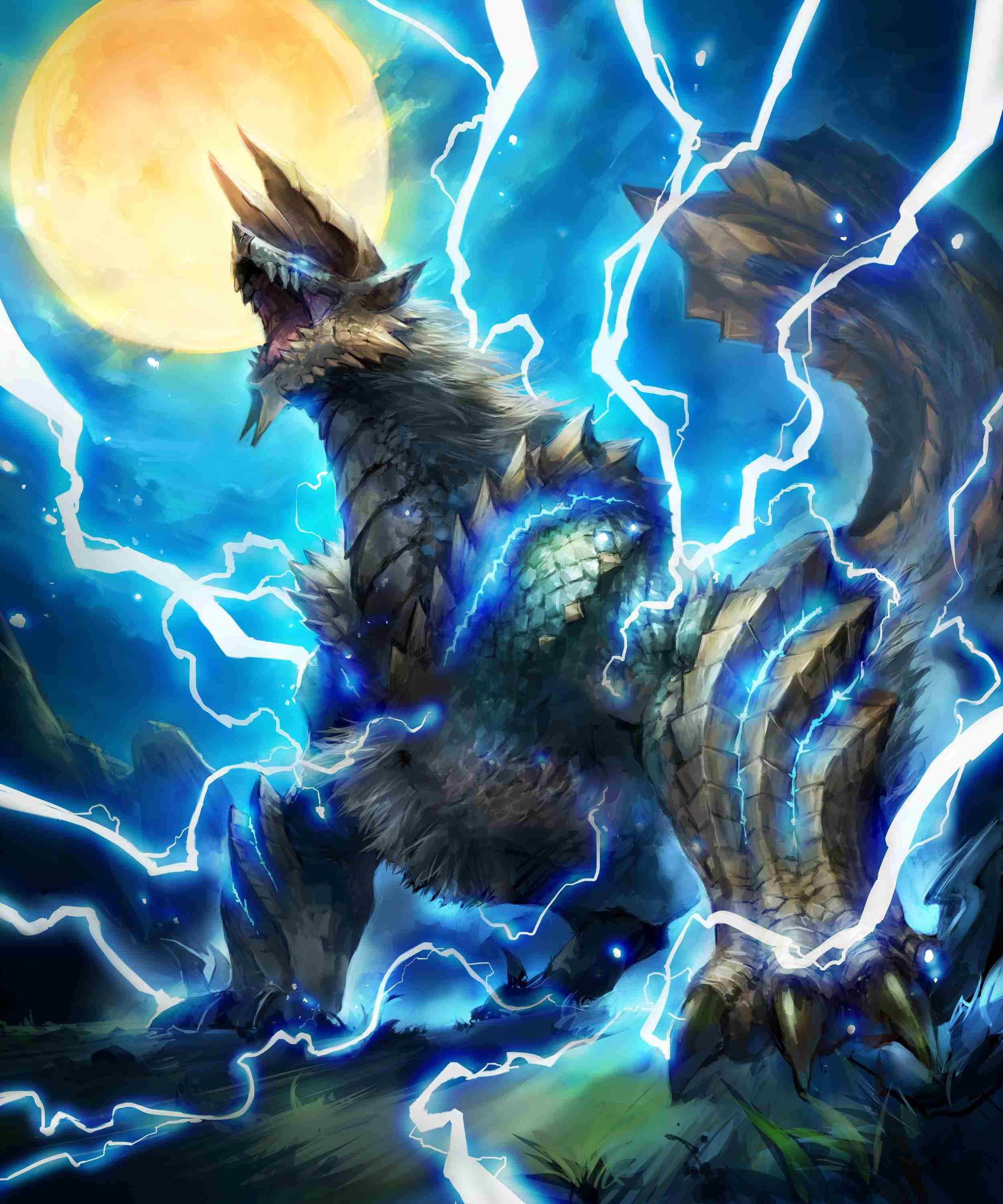 雷龍 桌布 壁紙 — 一隻長有尖刺鱗片的怪獸，在發光的橙色月亮下，於噼啪作響的藍色閃電中咆哮。