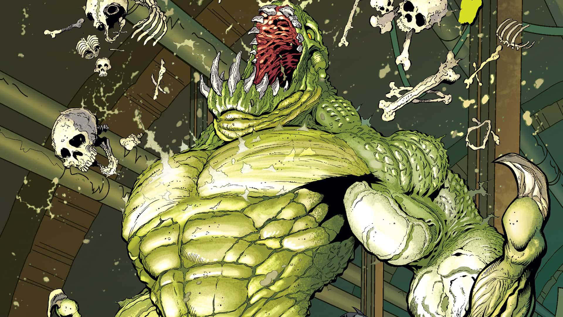 Killer Croc 桌布 壁紙 — 一隻長有尖牙利爪的綠色怪獸爬蟲類生物，在飛舞的頭骨和骨碎片中衝破木結構。