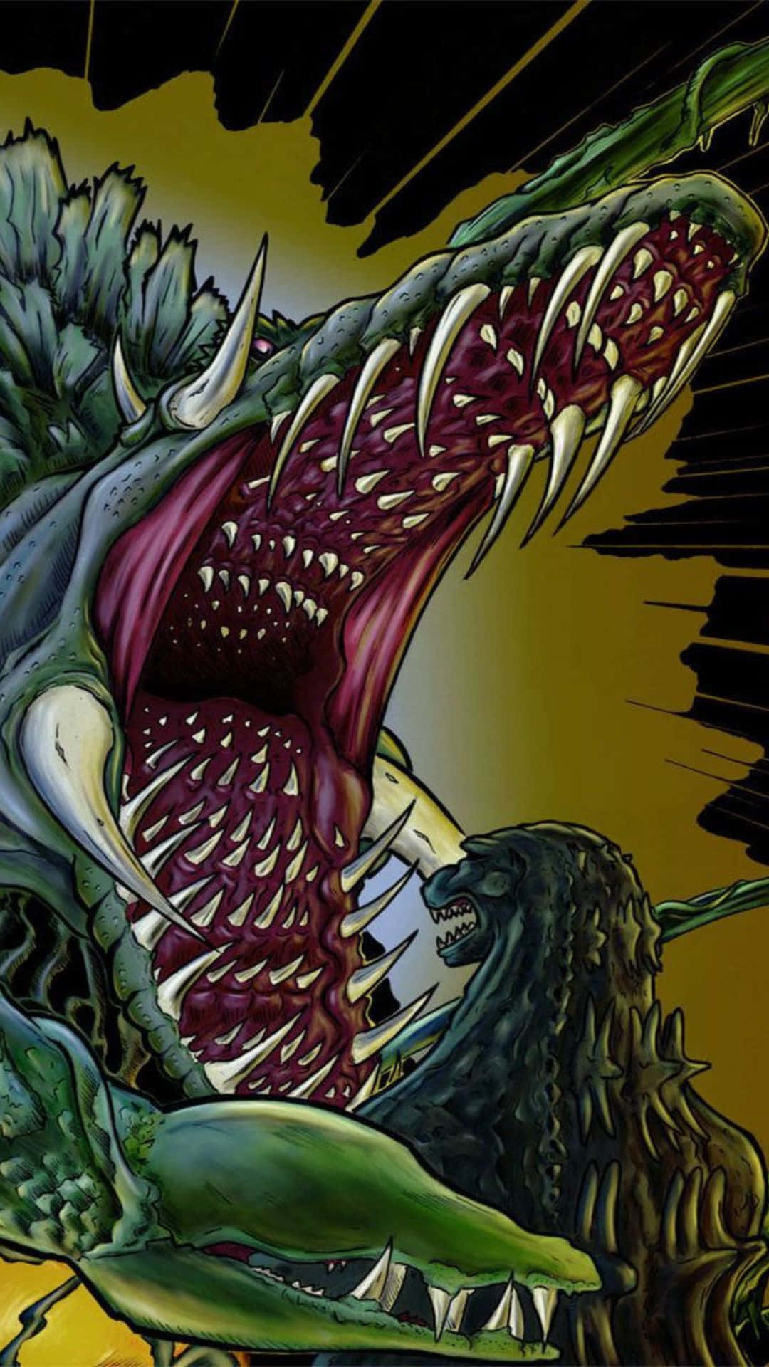 Godzilla Vs Biollante 桌布 壁紙 — 一隻長有尖牙和尖刺鱗片的綠色怪獸，在深黃色和黑色背景上兇猛咆哮。