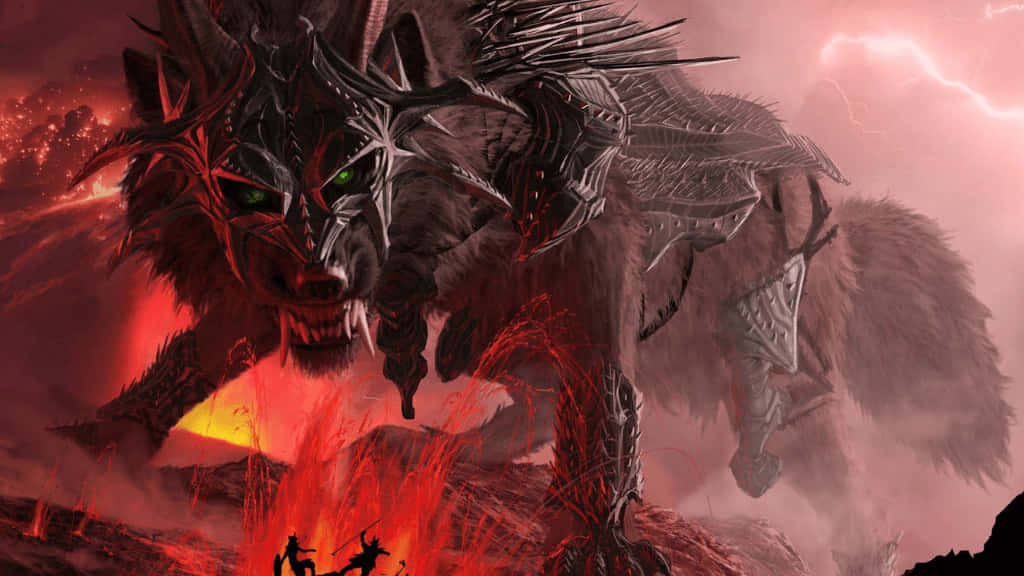 Mythical Wolf 桌布 壁紙 — 一隻長滿尖刺、眼睛發出綠光的怪獸狼，在風暴般的紅天下，於熾熱的火山景觀中咆哮。
