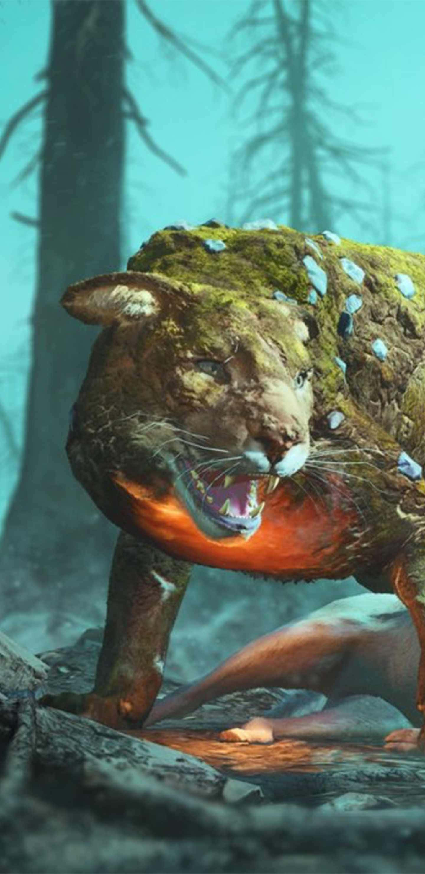 Android Far Cry New Dawn 桌布 壁紙 — 一隻長滿苔蘚的劍齒虎，發出橙色光芒的胸膛在迷霧森林中咆哮。