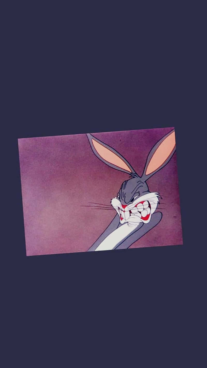 Bugs Bunny Supreme 桌布 壁紙 — 一隻長耳朵、露出頑皮笑容的卡通兔出現在傾斜的紫色畫框中，背景為深色。